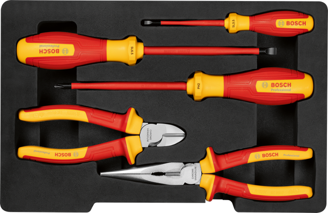 Bosch手動工具混合套裝，5 件裝於托盤中。